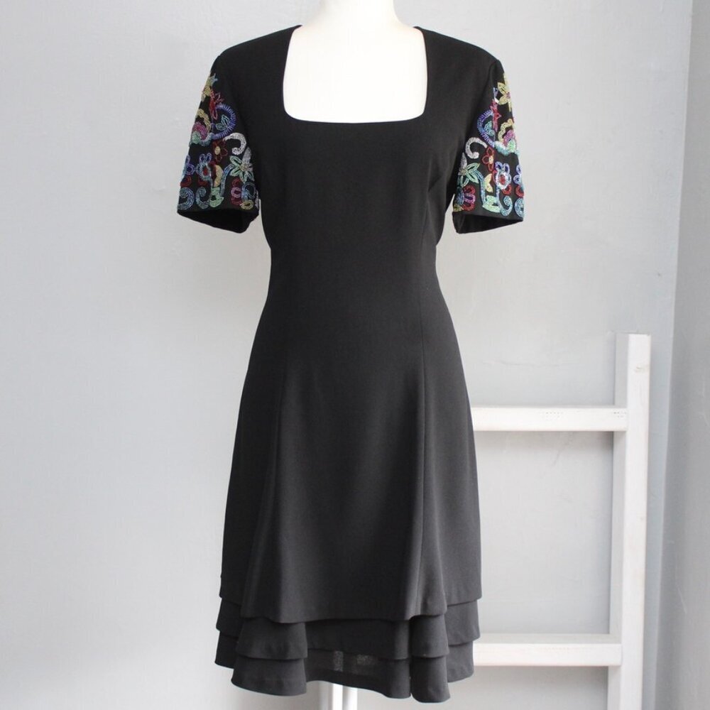 Liz Claiborne Night VTG Rare Black Beaded Sleeves Tiered Mini Party Dress sz 10